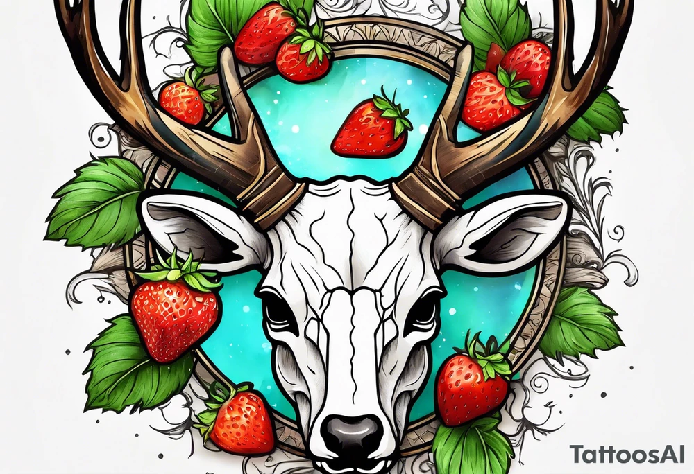 A deer skull. The astrological sign for Aries and Taurus hanging from the antlers. There should be some strawberry imagery in it also. tattoo idea