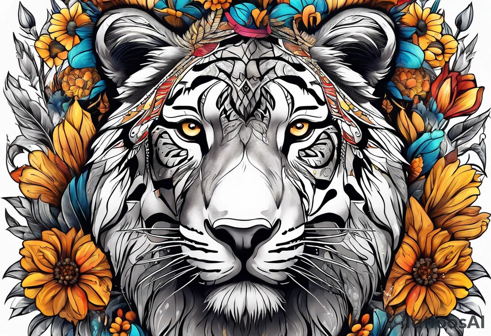 Wild brave animal in wildflowers tattoo idea