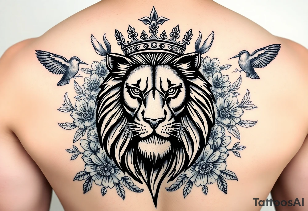 powerful majestic lion with a crown, surrounded by floral ornaments and birds tattoo idea