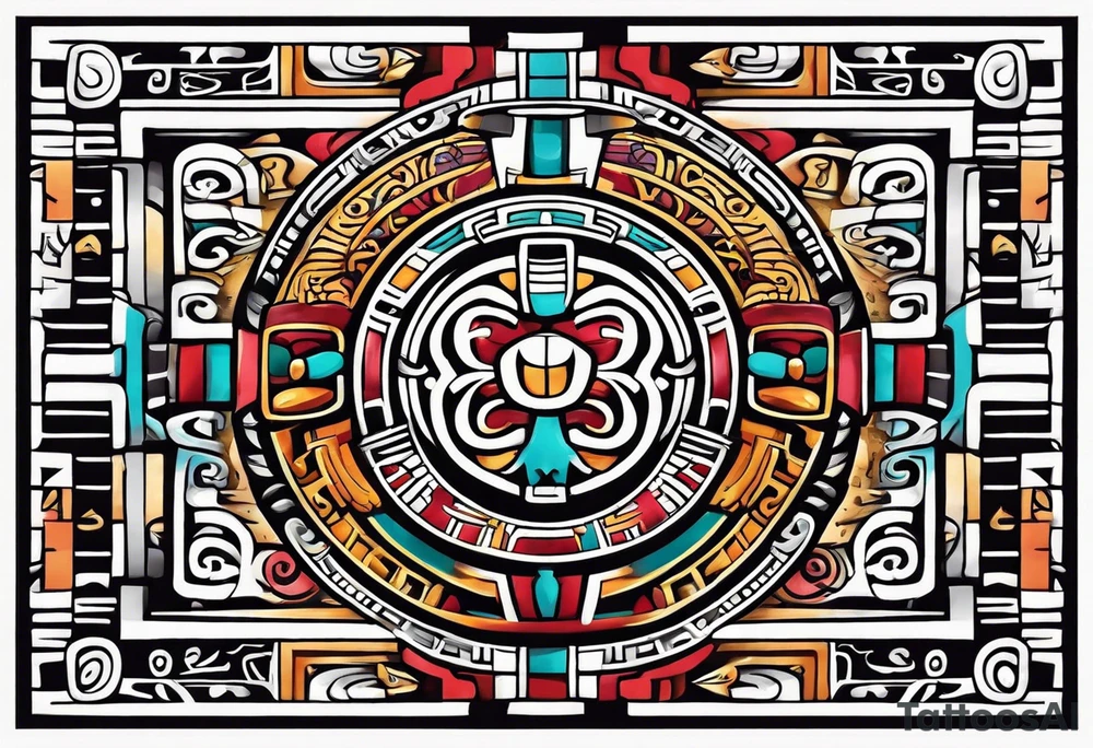Colorful simple ancient Mayan hieroglyph tattoo idea