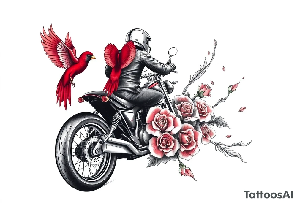 Motorcycle driving away, two red birds flying, roses and lace, flames tattoo idea