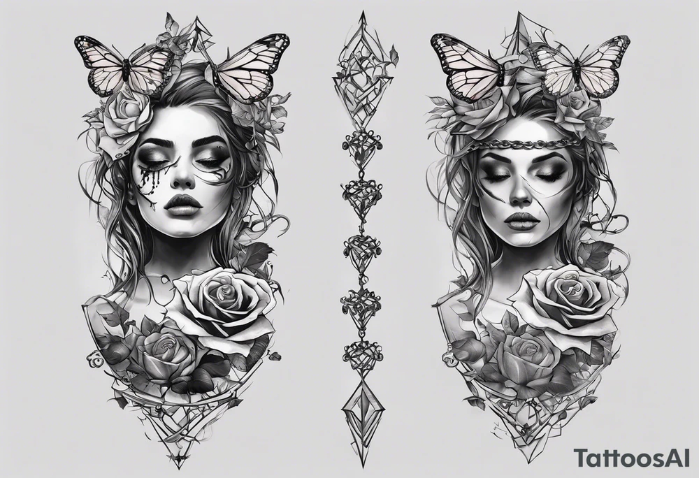 A sleeve tattoo whose elements seem to be connected into one story. Elements on the tattoo: a skull with a rose sticking out of the eye, plants, a girl’s face turning into roots, a destroyed old chain, a broken sword, a butterfly and you can add some connecting elements tattoo idea