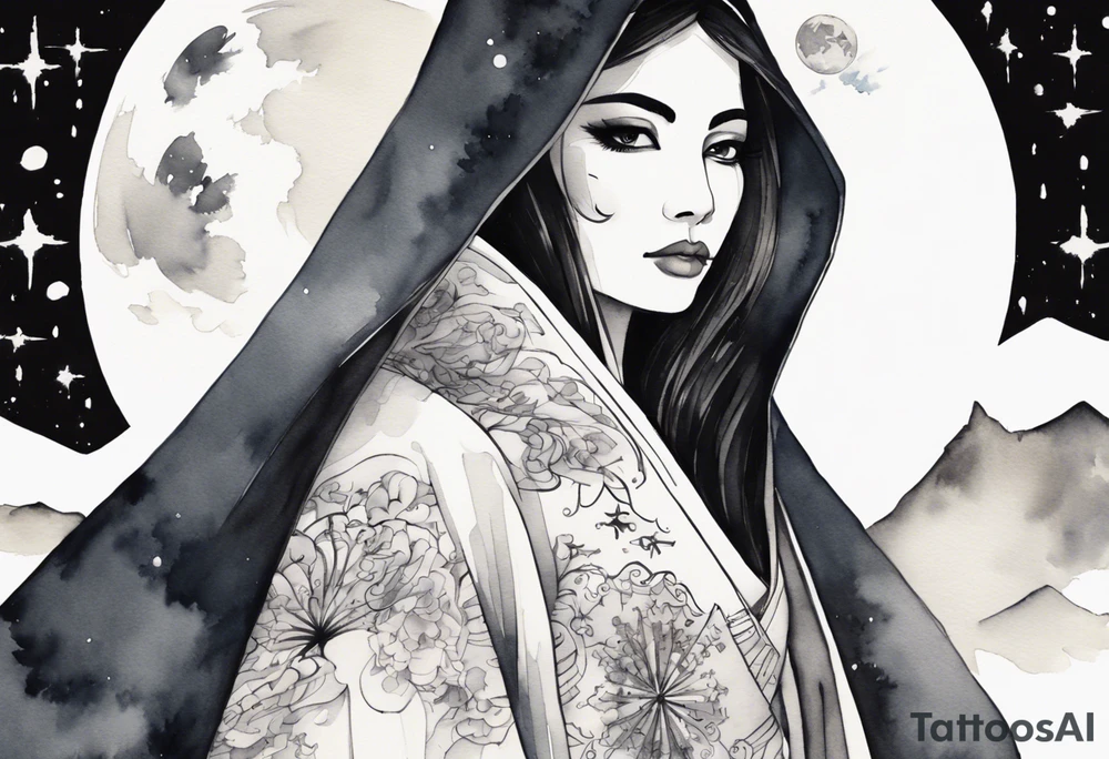 a watercolor of a beautiful 40-year-old Persian woman wearing black and white cloak with the night sky in the background tattoo idea