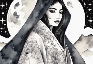 a watercolor of a beautiful 40-year-old Persian woman wearing black and white cloak with the night sky in the background tattoo idea
