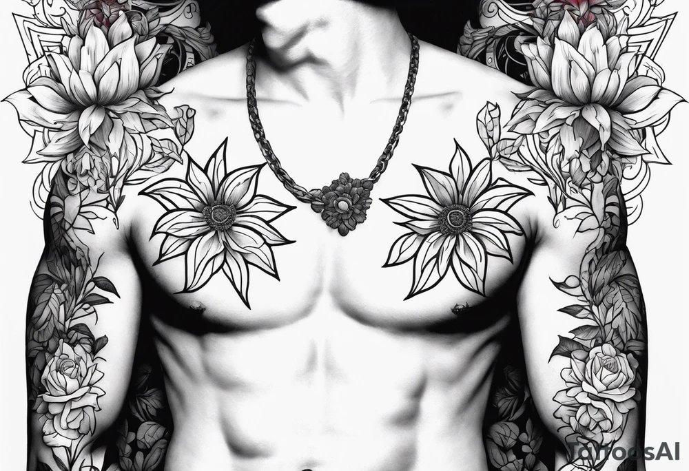 july 24th in roman numerals on the left side of chest and red flowers on other side of shoulder going down to the chest tattoo idea