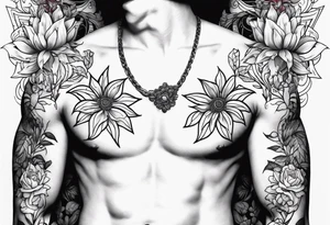 july 24th in roman numerals on the left side of chest and red flowers on other side of shoulder going down to the chest tattoo idea