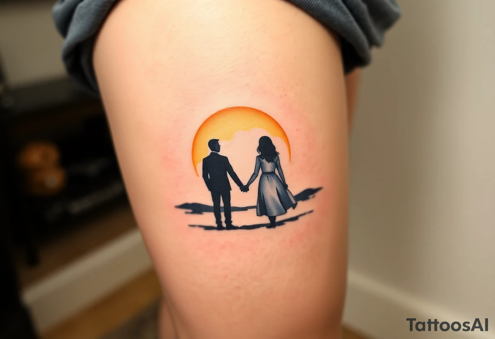 A soft watercolor sunset with two silhouetted figures holding hands, symbolizing a lifetime of love and support tattoo idea