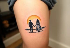 A soft watercolor sunset with two silhouetted figures holding hands, symbolizing a lifetime of love and support tattoo idea