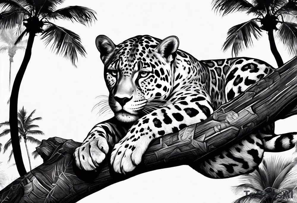 jaguar laying on palm tree tattoo idea