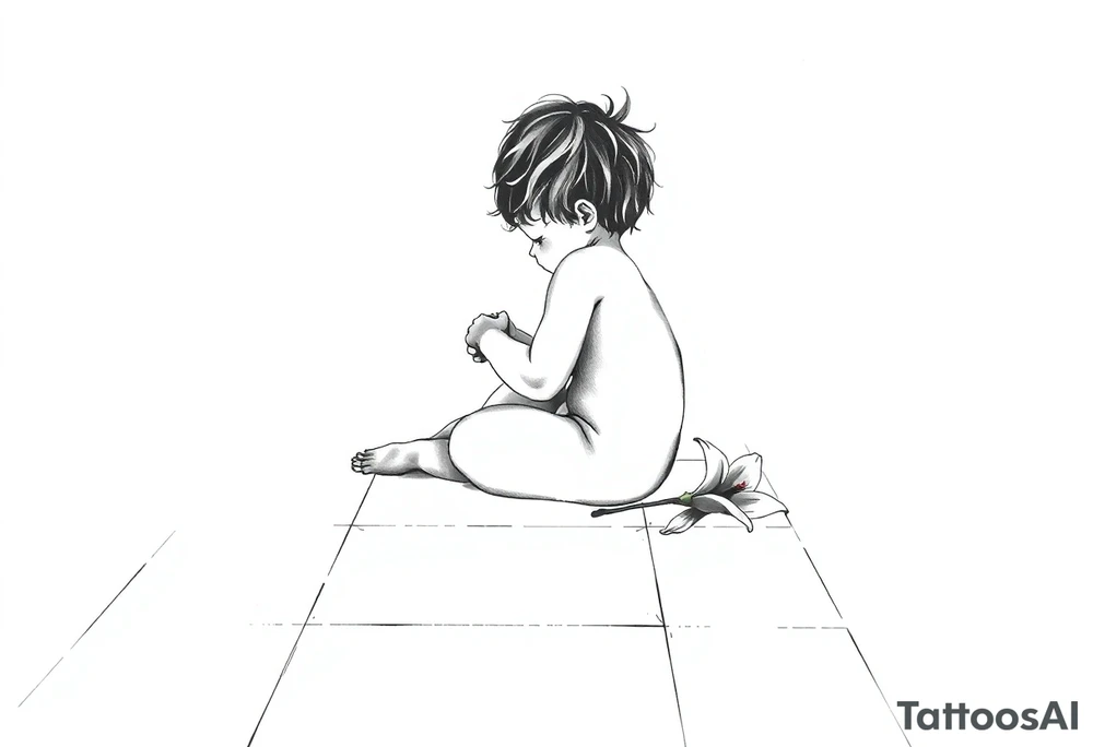A simple tile floor with a minimalist silhouette of a curled up child sitting on the floor with a lily next to her tattoo idea