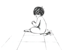 A simple tile floor with a minimalist silhouette of a curled up child sitting on the floor with a lily next to her tattoo idea