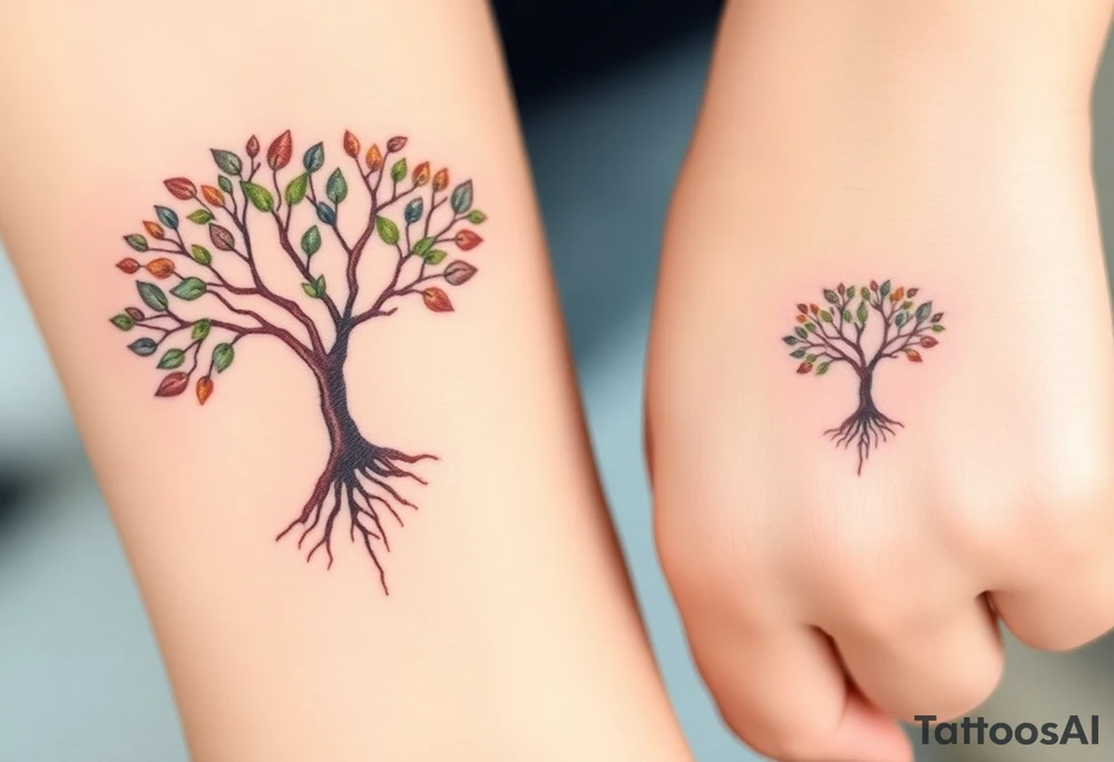 Two matching tree tattoos, one larger and one smaller, in rich earthy browns and deep green leaves, symbolizing family roots tattoo idea