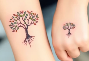 Two matching tree tattoos, one larger and one smaller, in rich earthy browns and deep green leaves, symbolizing family roots tattoo idea