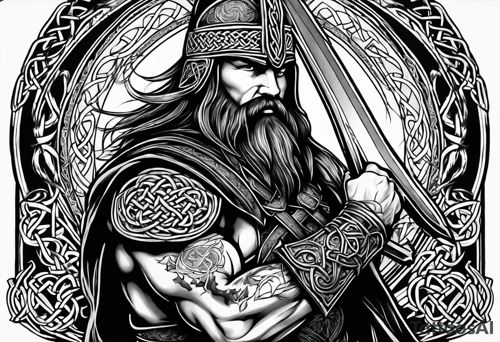 Side full body shot of Celtic warrior with sword and axe. tattoo idea