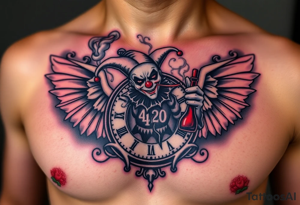 a evil jester clown floating in smoke with a  clock, the time says 420,  with two open wings besides the clock, smoke as the spring rising from the clock, a jester clown coming out the smoke, smoking in one hand with a liquor bottle on the other hand tattoo idea