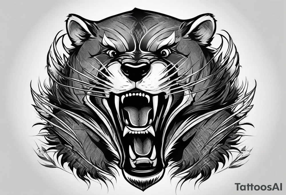 Draw me badger/wolverine with aggressive full body show, killer face with cute smile, very long nails and he attacks like a gladiator to enemy and also he has very deadly looking tattoo idea