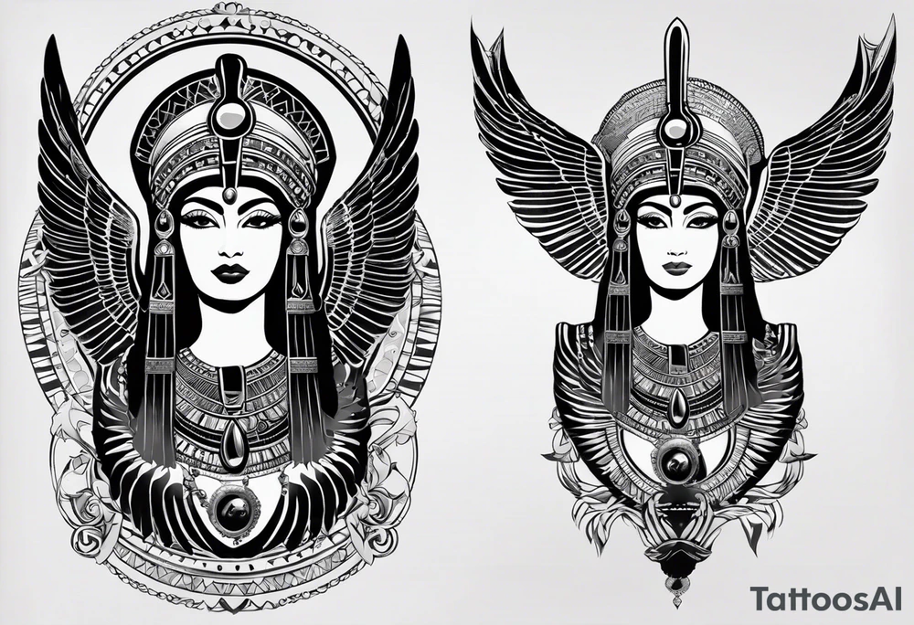 black and white Egyptian goddess Isis, who is often depicted as a woman with outstretched wings, holding an ankh (a symbol of life) in one hand and a lotus flower in the other. Her headdress often includes a throne or a solar disk. The tattoo design can vary in style and size, but it typically aims to capture the essence of this revered Egyptian deity, emphasizing her beauty, power, and maternal qualities. The choice of colors and additional elements can also be customized to create a unique and visually striking representation of the goddess Isis tattoo idea