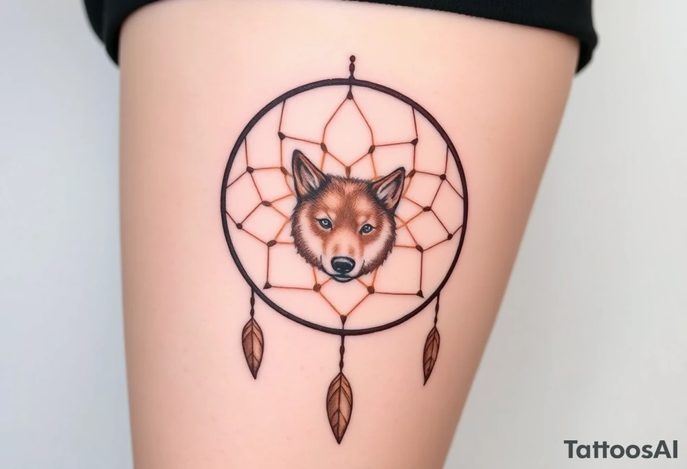 A wolf’s paw print in the center of a dreamcatcher, with the wolf’s face subtly peeking through. The dreamcatcher threads are light brown, and the paw print is shaded in dark brown with hints of green around the edges. tattoo idea
