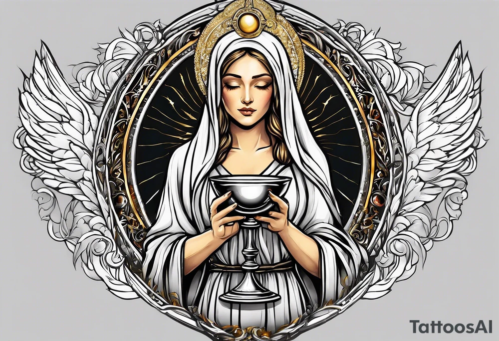 holy saint woman turned away with golden halo holding a chalice tattoo idea