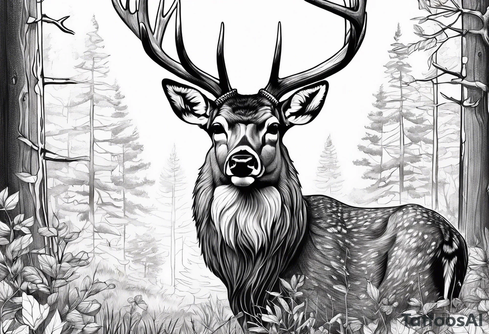 Deer in wood with big rack with deer antler frame tattoo idea
