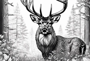 Deer in wood with big rack with deer antler frame tattoo idea