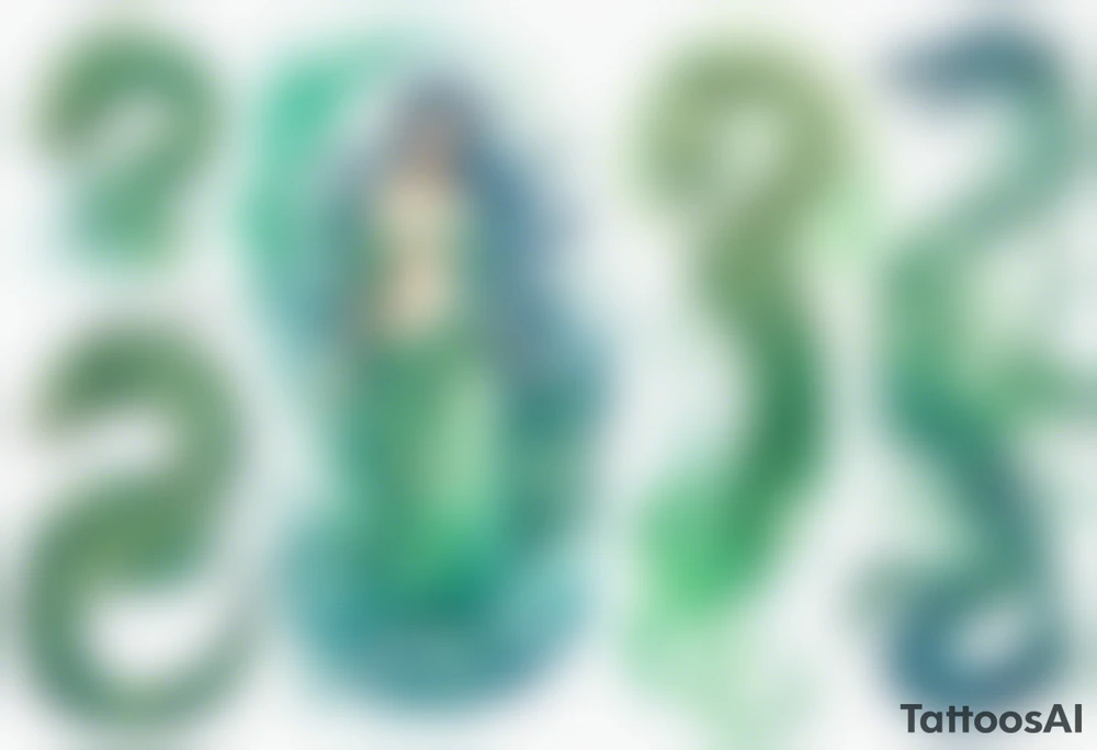 a blue-green Naiad in a green tunic next to a sea serpent tattoo idea