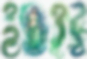 a blue-green Naiad in a green tunic next to a sea serpent tattoo idea