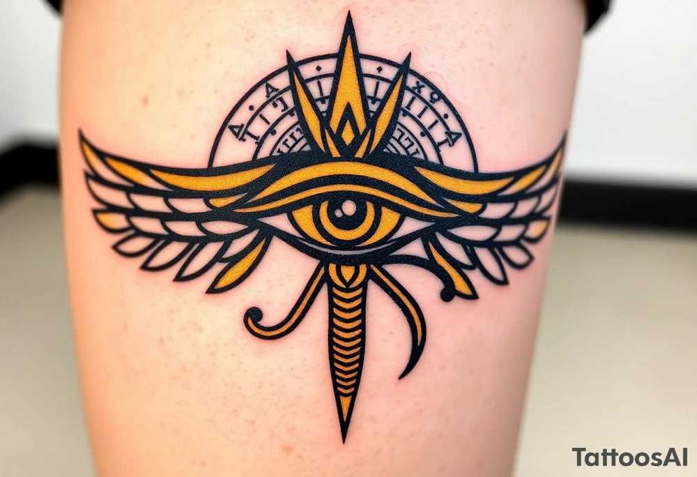 A bold black and gold Eye of Horus, with intricate hieroglyphs in the background tattoo idea