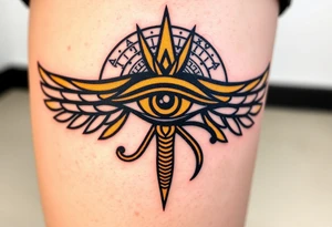 A bold black and gold Eye of Horus, with intricate hieroglyphs in the background tattoo idea
