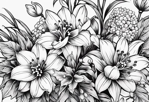 Lily of the valley, marigold, chrysanthemum, lily. All combined together with surrounding leaves and vines to tie them lol together nicely tattoo idea