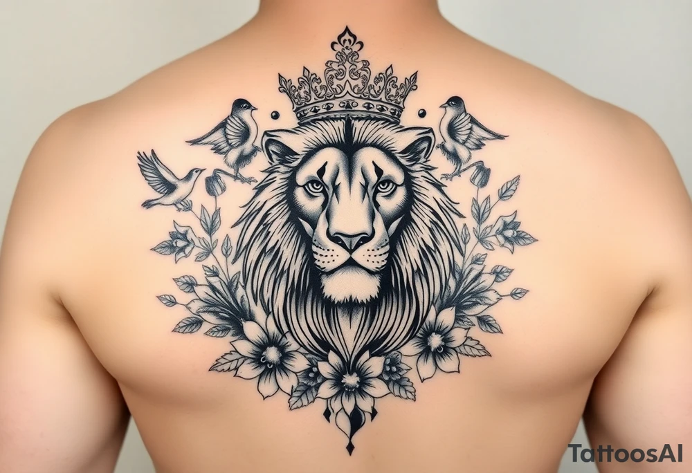powerful majestic lion with a crown, surrounded by floral ornaments and birds tattoo idea