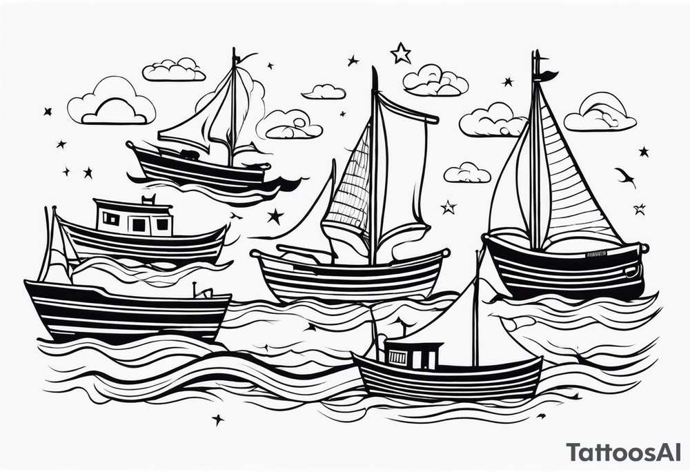 Tubarões, polvo e barcos no braço tattoo idea