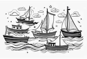 Tubarões, polvo e barcos no braço tattoo idea