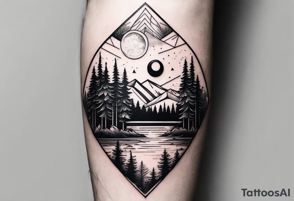 Geometric nature tattoo with moutains, lake, forest, and a moon. Tattoo needs to be the size of the entire forearm, please. tattoo idea