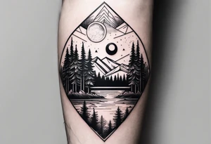 Geometric nature tattoo with moutains, lake, forest, and a moon. Tattoo needs to be the size of the entire forearm, please. tattoo idea