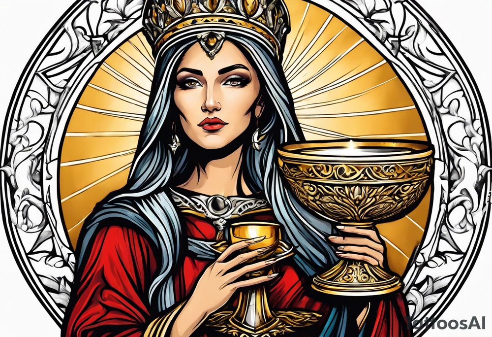 woman saint holding chalice surrounded by golden halo tattoo idea