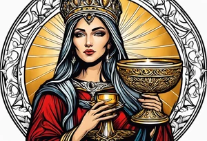 woman saint holding chalice surrounded by golden halo tattoo idea