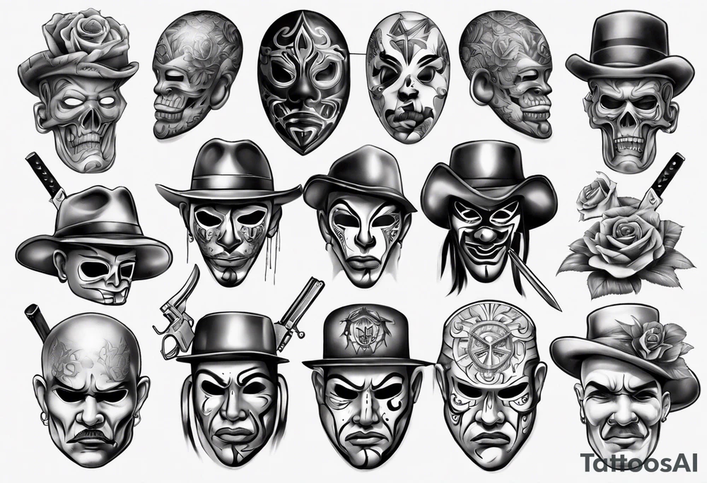 realistic chicano
masks, weapons and gangsters tattoo idea realistic chicano
masks, weapons and gangsters tattoo idea