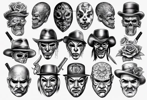 realistic chicano
masks, weapons and gangsters tattoo idea