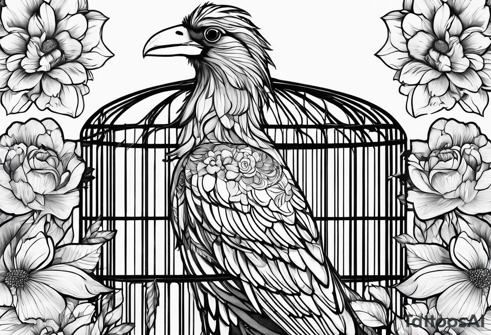really big bird in a long but too small cage for him. Add decoration on the left top of the cage like flowers or foliage tattoo idea
