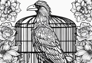 really big bird in a long but too small cage for him. Add decoration on the left top of the cage like flowers or foliage tattoo idea