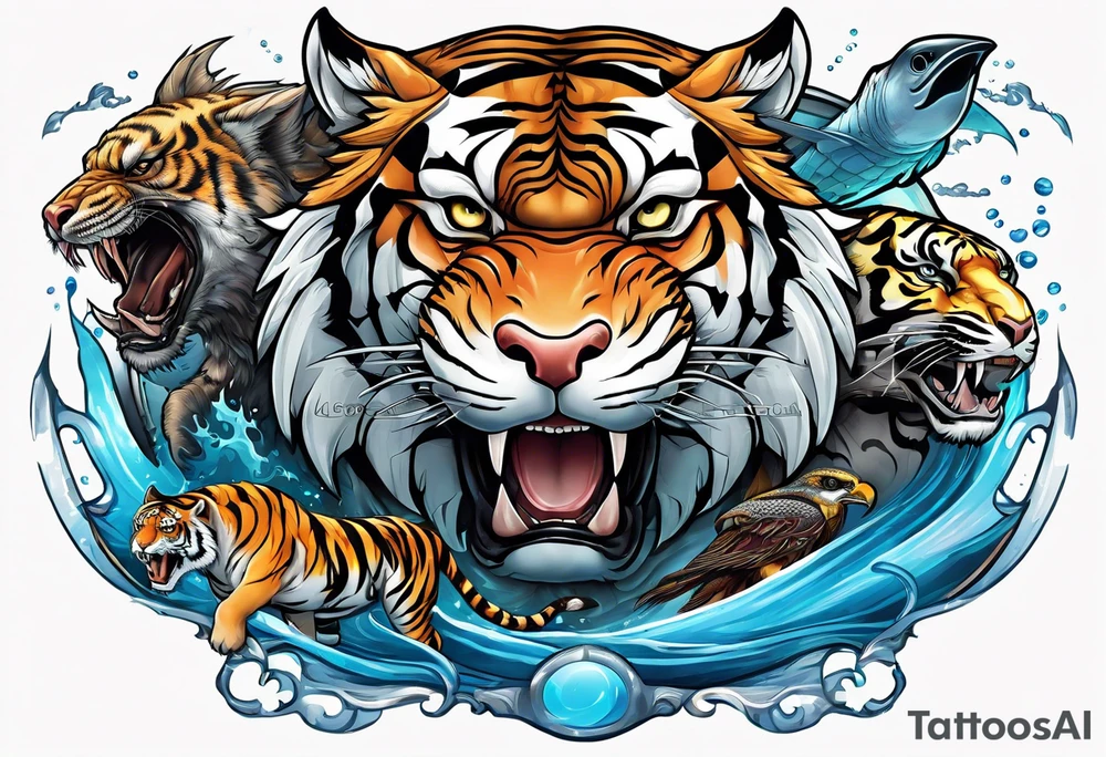 Combine hammerhead, tiger, and falcon to merge air, earth and water tattoo idea