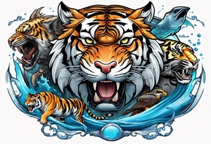 Combine hammerhead, tiger, and falcon to merge air, earth and water tattoo idea