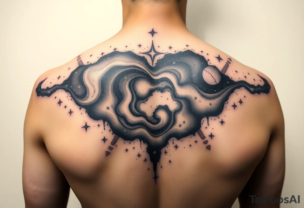 Beautiful and epic 3d milky way that appears to be what is beneath the skin. Make it drape over the shoulder and move to the middle back. use negative spaces to create stars and dust. Incorporate God breathing life into the universe. Keep it symmetrical tattoo idea