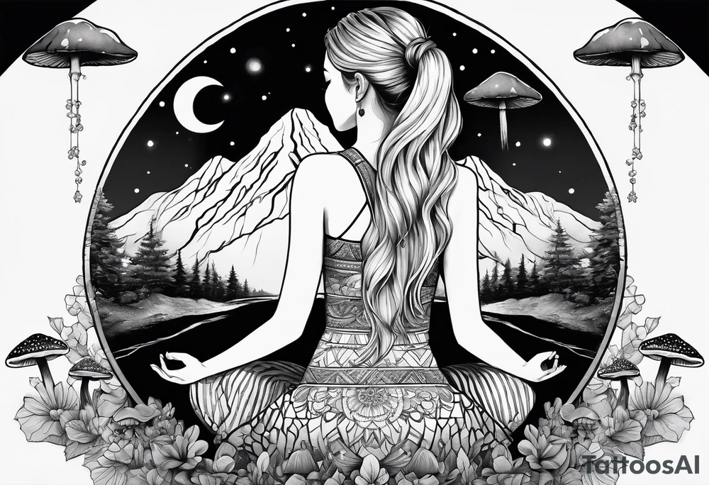 Straight blonde hair girl meditating facing away toward mountains surrounded by mushrooms crescent moon mandala circular design black and white striped dress tattoo idea