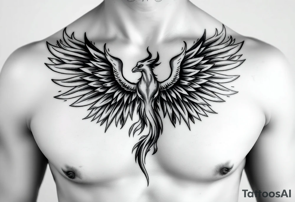 Realistic and symmetrical flaming Phoenix rebirth with spread low wings surrounded by fire mapped onto chest only
Phoenix head must be in the middle of the chest, straight and symmetrical 
Fire should be surrounding spread wings
Wings should be spread low only on chest muscle tattoo idea
