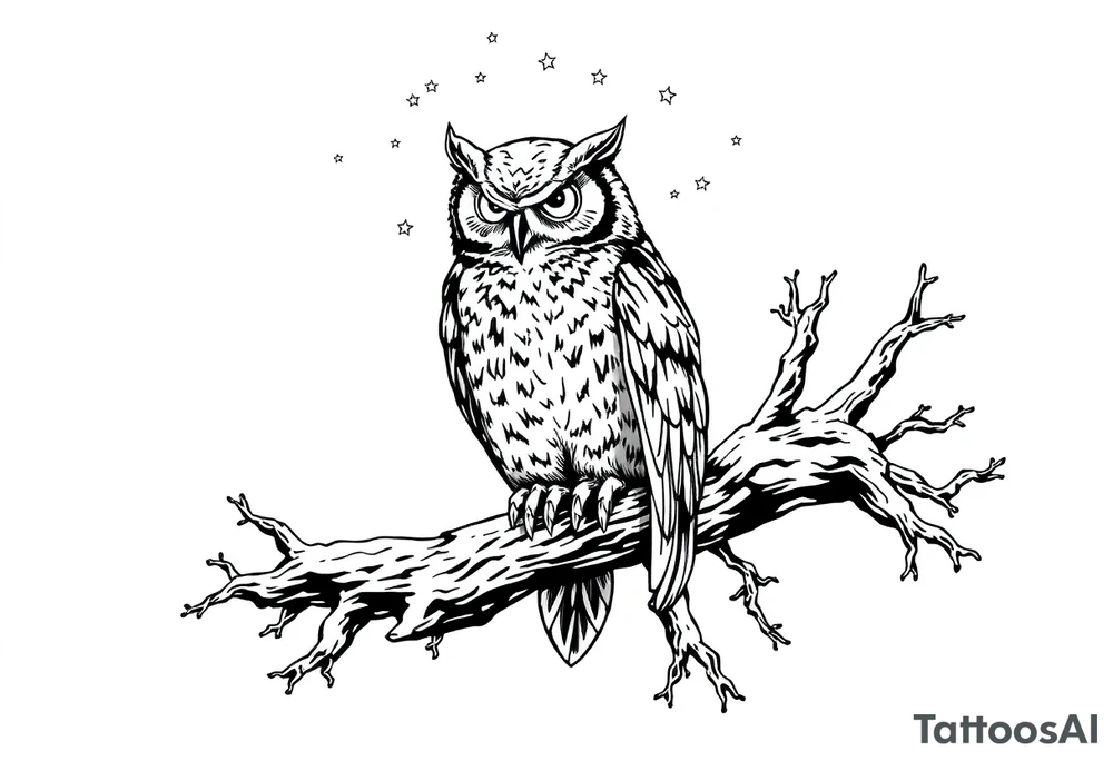 wise owl perched on ancient oak branch under starlit sky tattoo idea