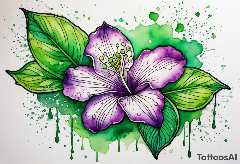 A mystical outline of a green rio dipladenia flower and a green/purple watercolor splatter in the background tattoo idea