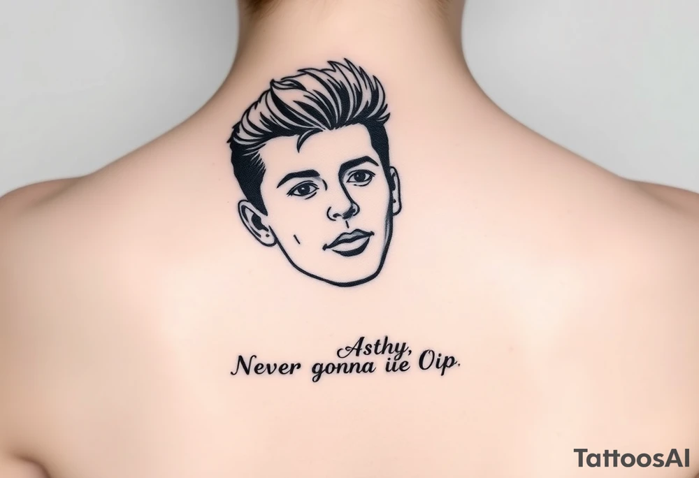 Young Rick Astley Face with Never Gonna Give You Up text tattoo idea