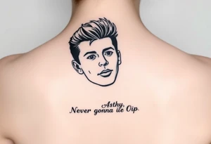 Young Rick Astley Face with Never Gonna Give You Up text tattoo idea